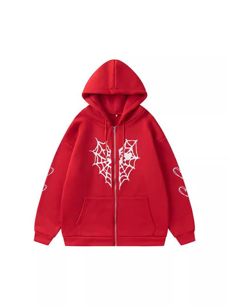 Cross-border Spider Web Heart Print Fleece-Lined Hooded Cardigan