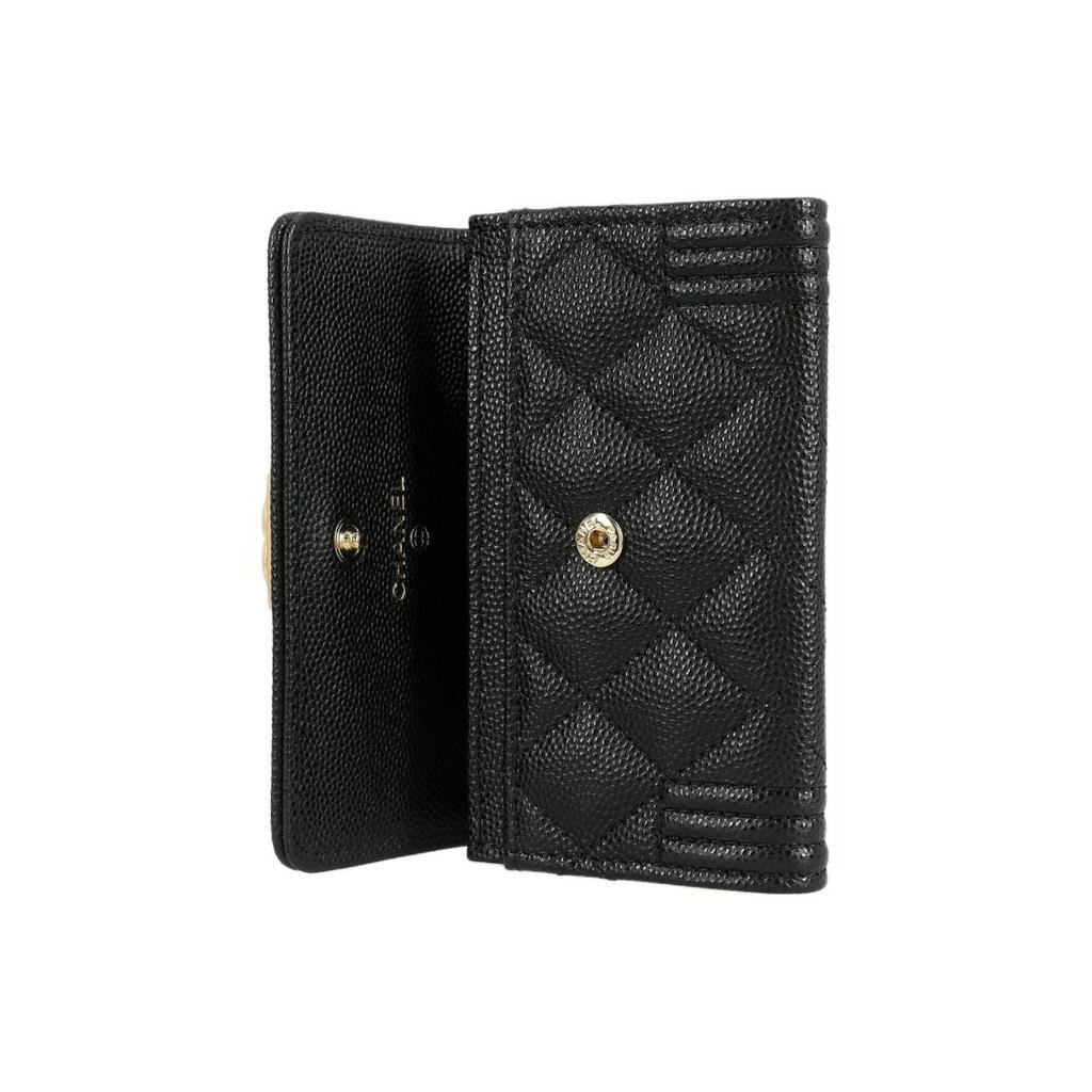 CHANEL 21K Winter Leboy  Gold Buckle  Diamond Pattern  Snap Closure  Textured Litchi Leather  Top Handle Bag  Card Holder  Wallet  Women's  Black