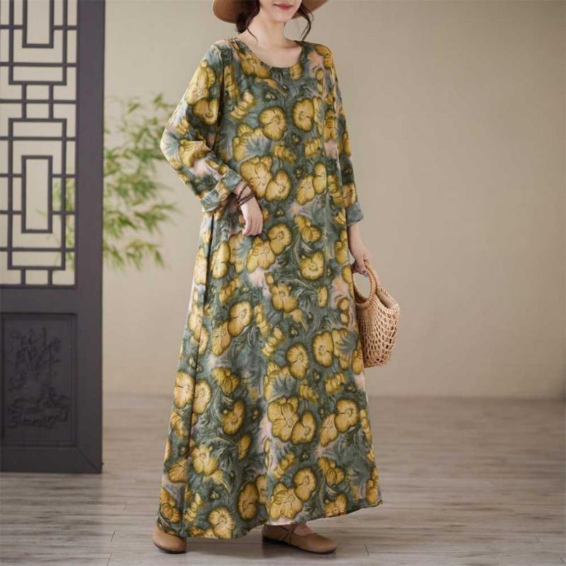 Loose Printed Round Neck Long Sleeve Dress Women's Long Dresses