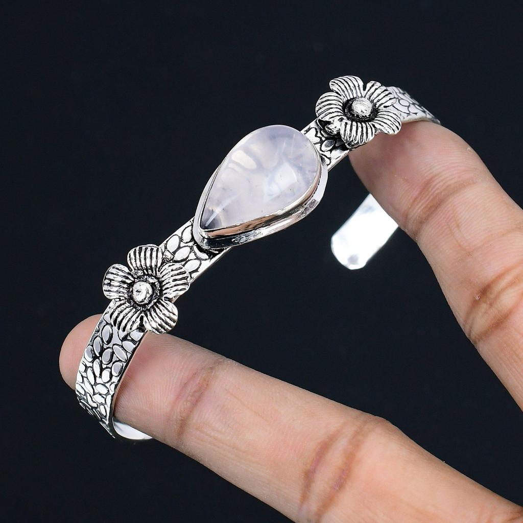 Daughters Day Sale Pear Natural Rose Quartz Sterling Silver Boho Bangle Jewelry