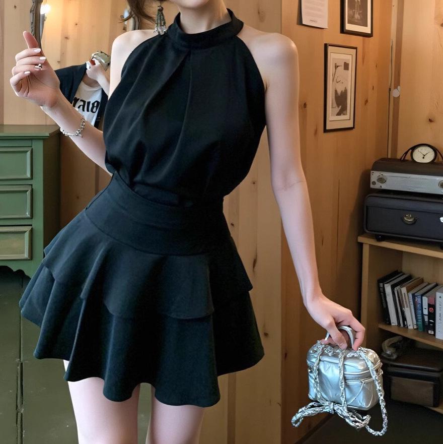 French Chic Sleeveless Halter Top & High-Waisted Ruffle Midi Skirt Set