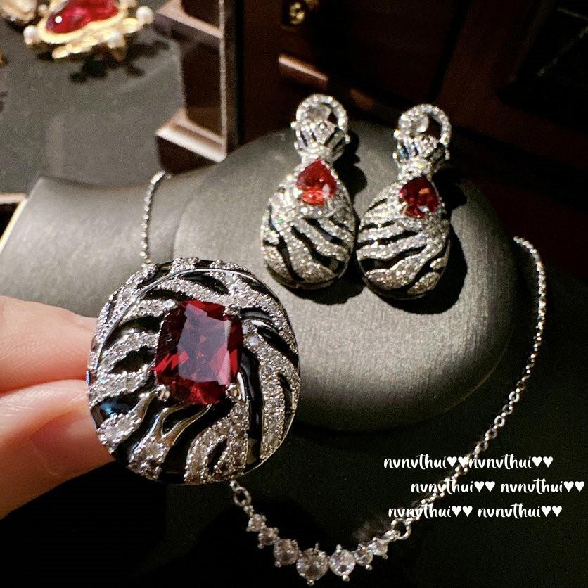 Ancient Babylon Pomegranate Ruby Drop Earrings, Vintage Court, 18K Gold Plated, Cheetah Curved Zircon Ring