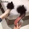 Fashion Eilyken Feather Fur PVC Transparent High Heels Woman Slippers Pointed Toe Mules Lady Pumps Slides Stripper White Shoes