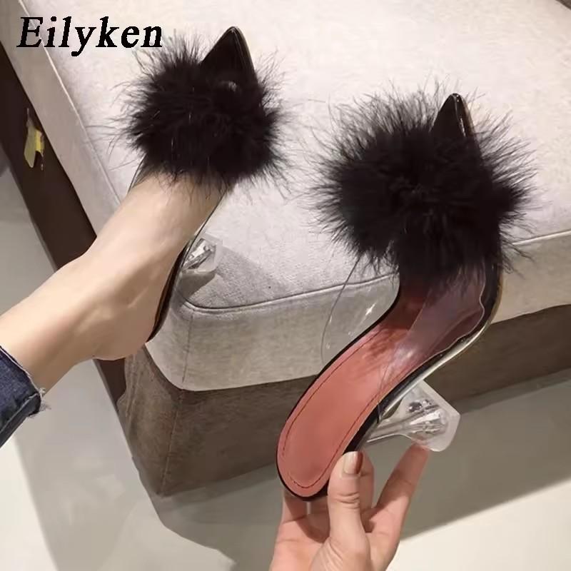 Fashion Eilyken Feather Fur PVC Transparent High Heels Woman Slippers Pointed Toe Mules Lady Pumps Slides Stripper White Shoes