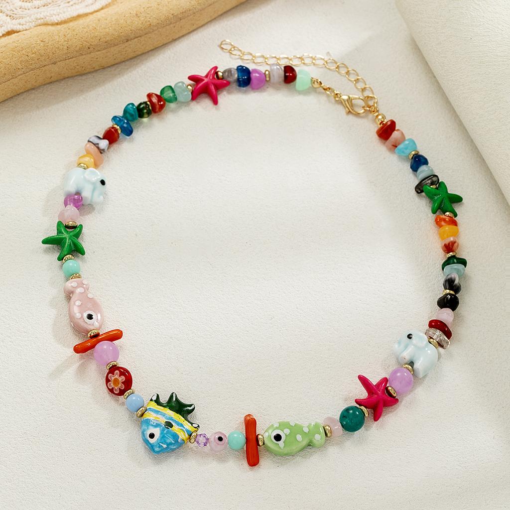 Beach Wind Ocean Elements Ceramic Small Fish Elephant Red Coral Sea Turtle Pendant Colorful Beaded Necklace