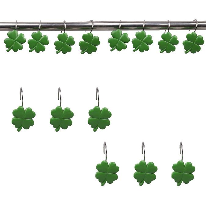 12 PCS Shamrock Shower Curtain Hooks Shower Decor, Rustproof Bathroom Decorative Shower Hooks, Green Shower Curtain Hooks Botanical Shower Curtain