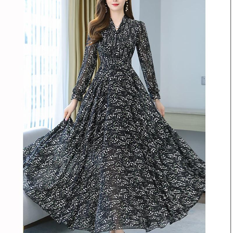 Chiffon-Langarmkleid, Frühling und Herbst, Blumen-Chiffon, Super-Fee-Taille, Strandkleid, langer Rock, Stoff, leicht, atmungsaktiv