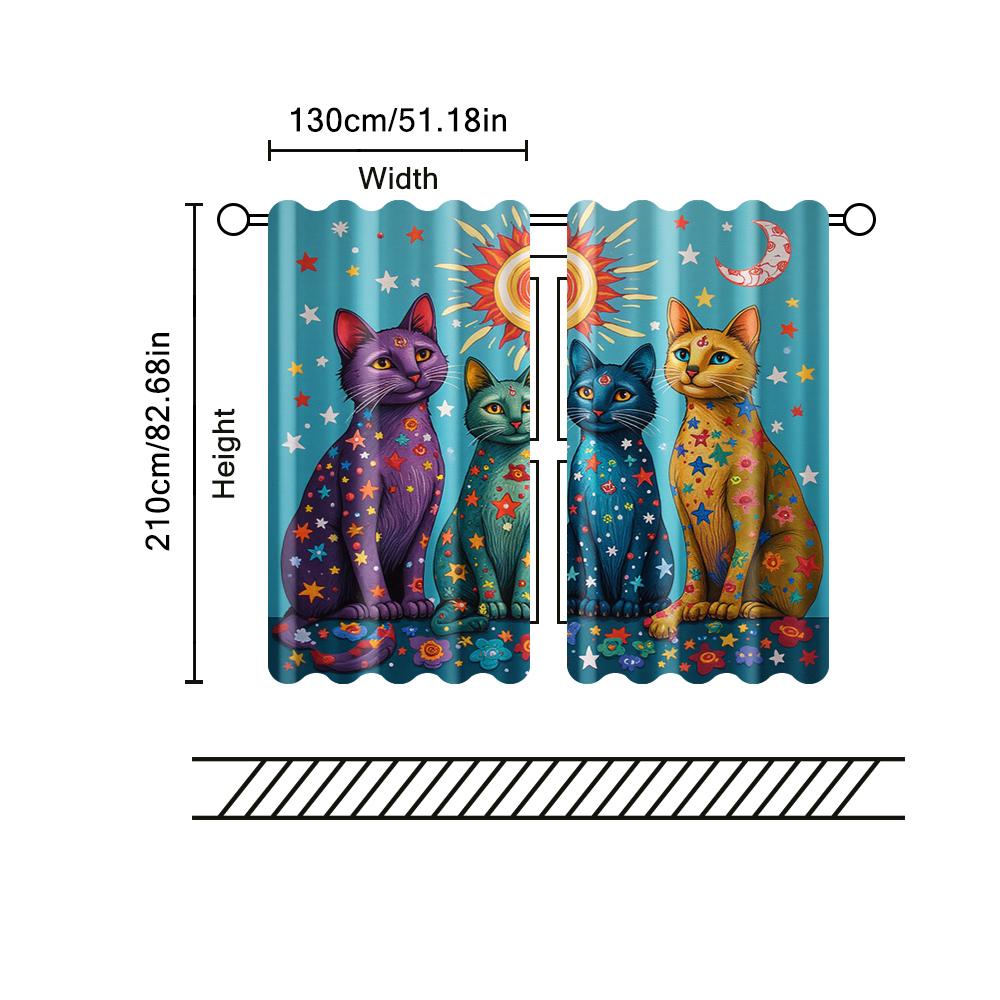 Set Of 2 Filtering Curtains Excluding Rods Non Movable Without Batteries Style Sun Moon Cats Use Bohemian Made Polyester