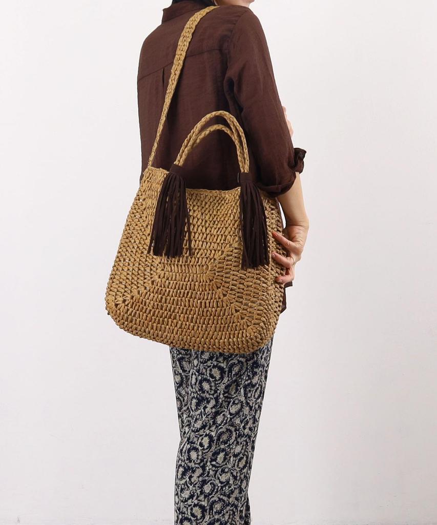 Cuco Paper Tassel Handle 2-Way Basket BagA4 Compatible, 2413112064, Camel (144cm)