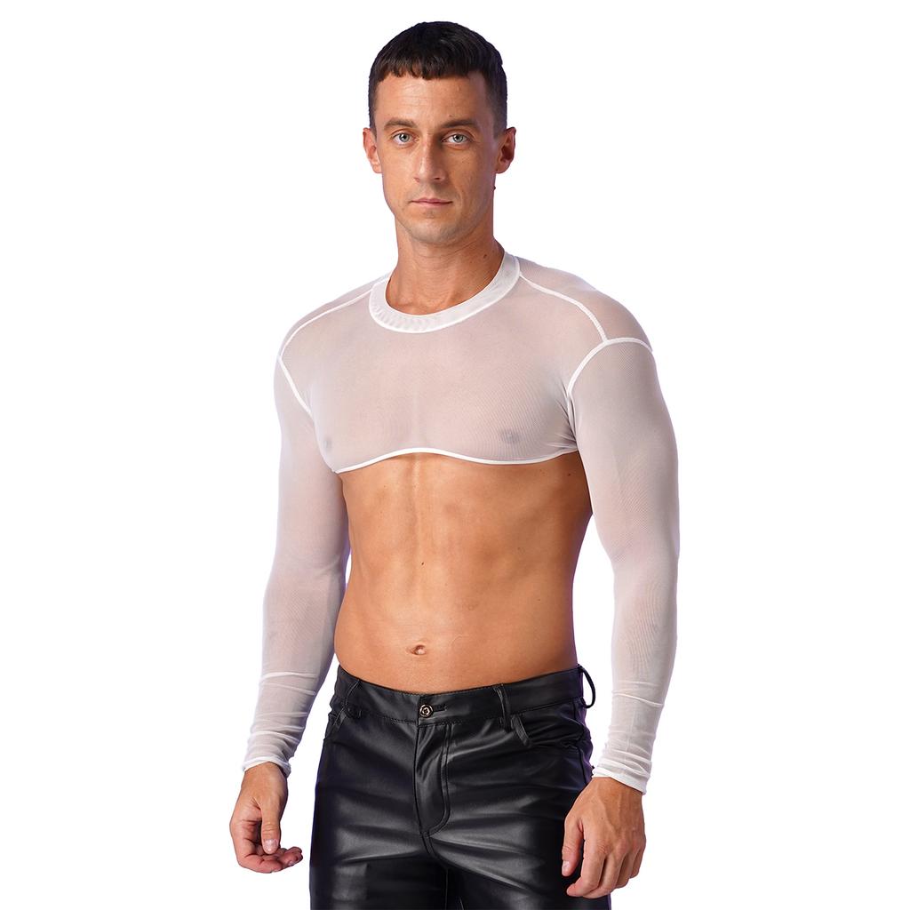 Mens See-Through Sheer Mesh Half Tank Tops Shirts Long Sleeve Body Chest Harness Crop Top Sexy Tanks Arm Sleeves Shrug Clubwear