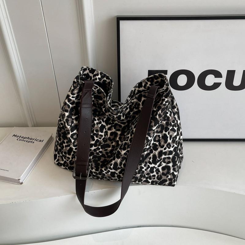 Ielgy Leopard Print Canvas Tote Bag Student Class Large Capacity Underarm Bag