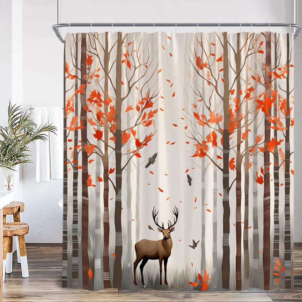 Herbstwald Duschvorhang Hirsch Hochlandrind Tiger Wildtier Natur Herbstlandschaft Badezimmerdekoration Polyester Duschvorhang