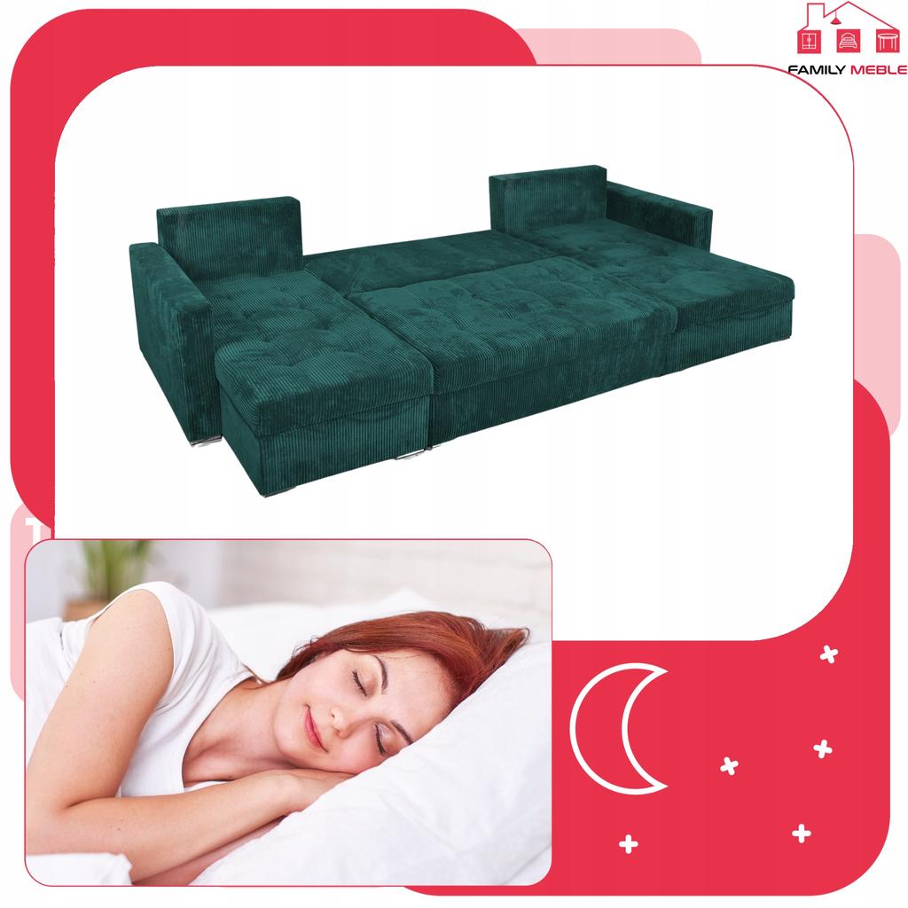 Bonito BIG Corner Sofa Bed Family Meble Corduroy Green