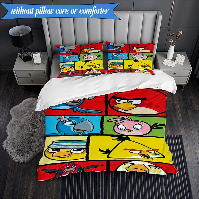Red Birds Characters Collage 3pcs K-pop music group Bedding set,Ideal for Bedroom, Dormitory,Including Duvet Cover And 2pcs Pillowcases,Fan gifts