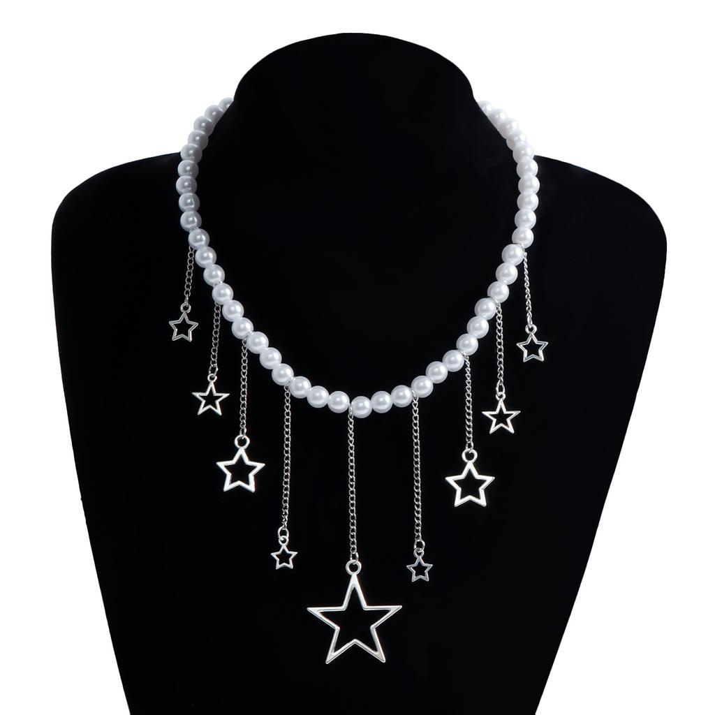 Accessories, Hollowed-Out Pentagram Fringed Design Necklace, Retro Imitation Pearl Collarbone Chain Spice Girl