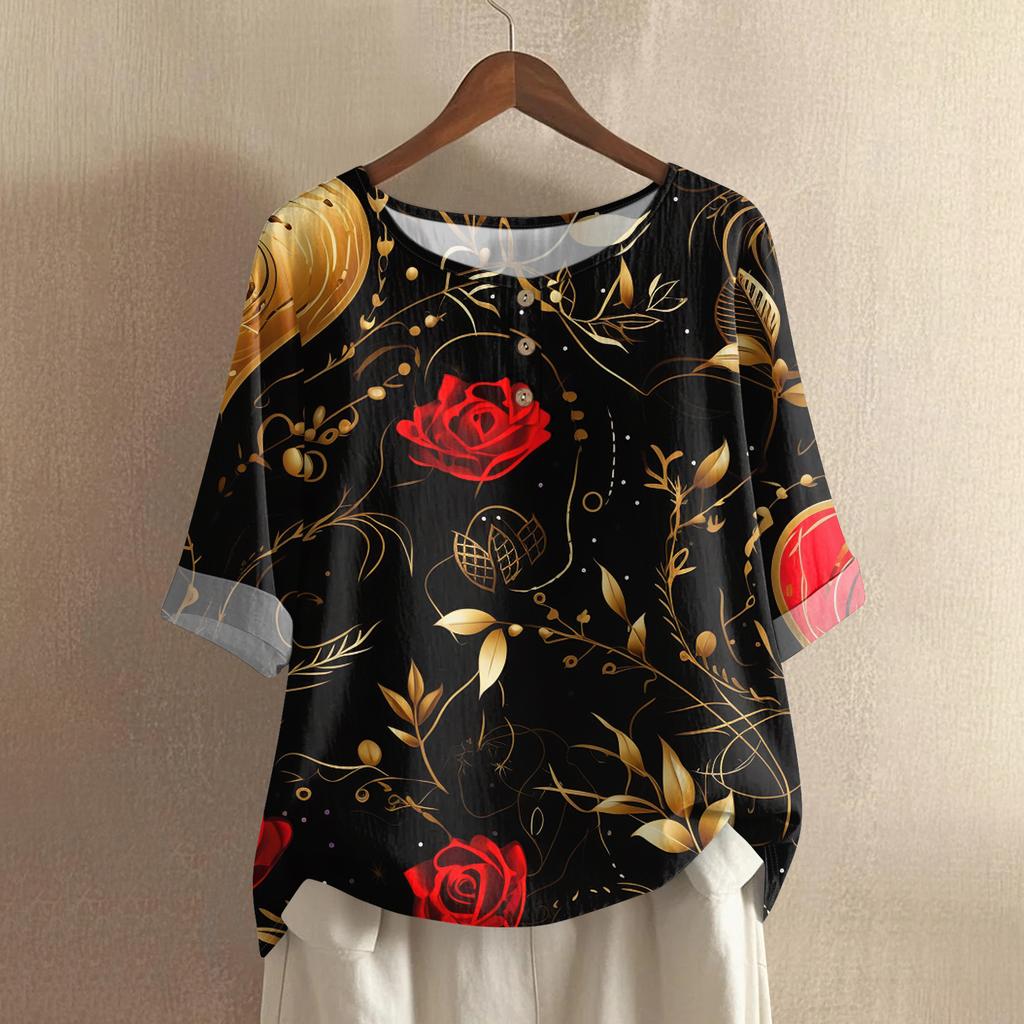 Damska koszulka z nadrukiem na Walentynki, casualowa, z krótkim rękawem, okrągłym dekoltem, z bawełny i lnu