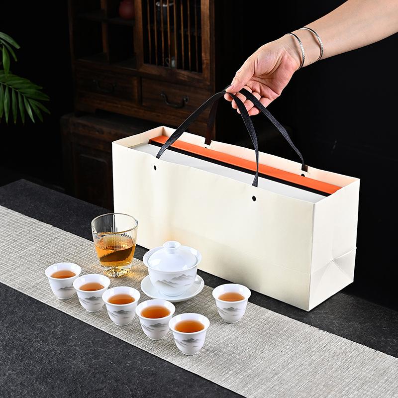 Dehua White Porcelain Kung Fu Tea Set, a full set of three talents cover bowl glass male cup gift box gift souvenir