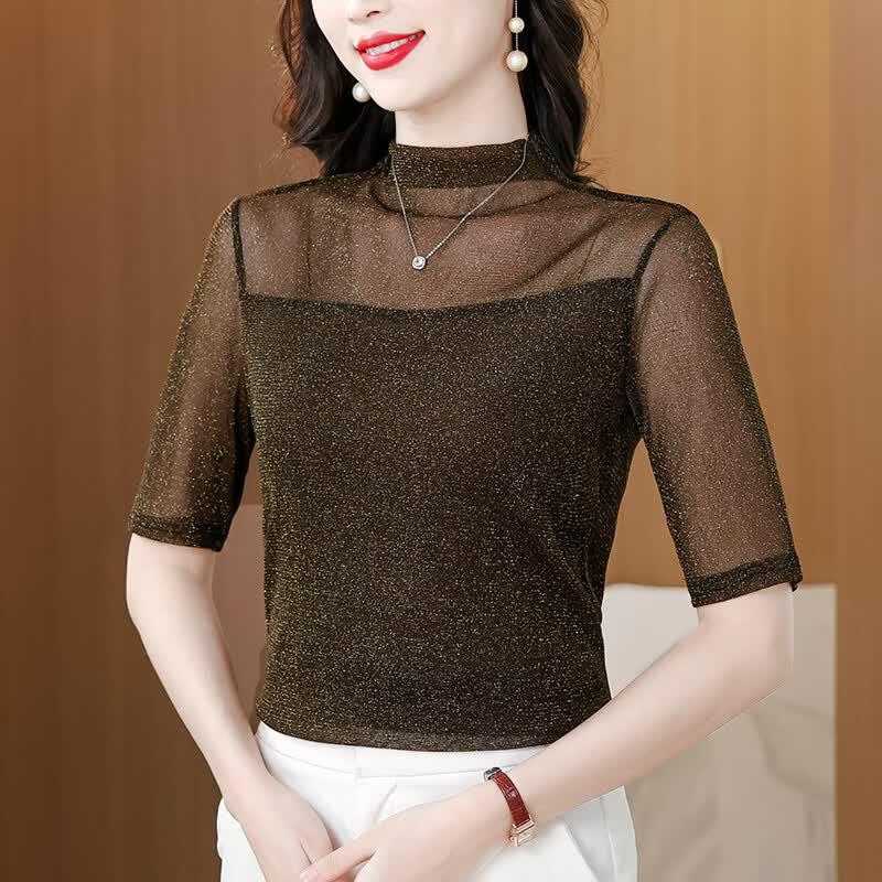 Aige Gold & Silver Thread Stand Collar Chiffon Top