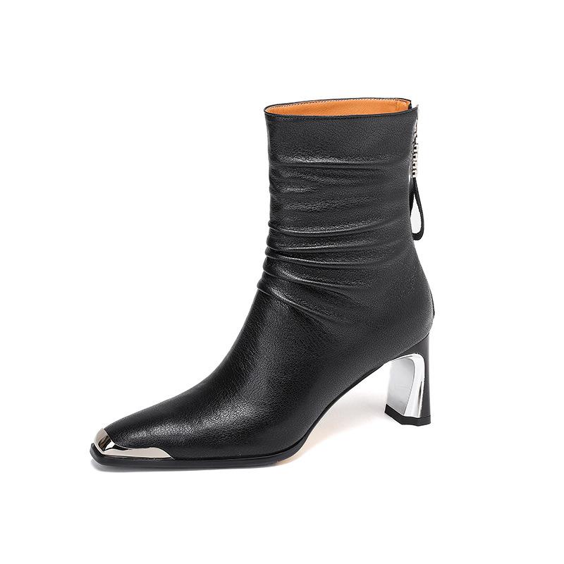 French metal square head high-heeled short women's boots 2025 autumn and winter new thick heel rear zipper leather Chelsea boots women
