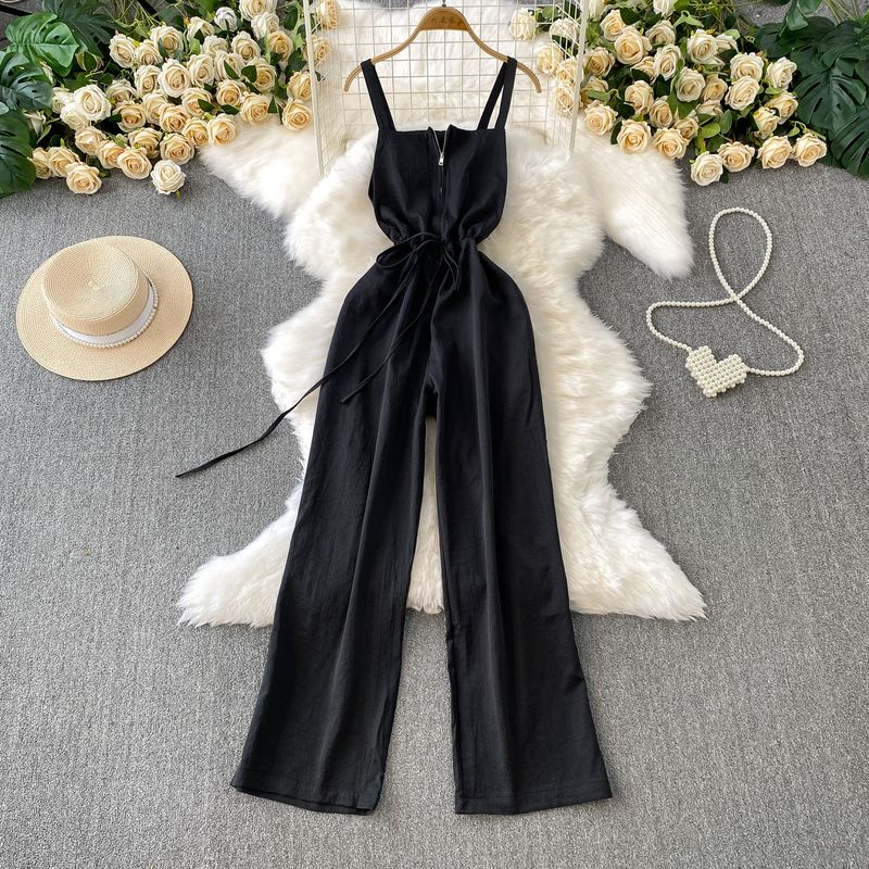 

Young Style Elegant Half Zipper Sling Jumpsuit Women 2025 Summer New Drawstring Waist Hugging Slimming Wide Leg Trousers Black All yards