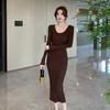 Autumn and Winter New Slim Fit Base Knitted Sexy Dress Women Elegant Mid Length V-neck Sweater Dress Women Solid High Waist Casual Party Dresses 25956