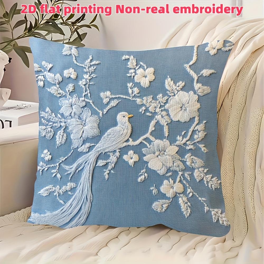 Embroidered Style Blue Bird Pillow Cover Vintage Floral Print Cushion Case For Sofa Couch Chic Shabby Chic Home Decor Gift
