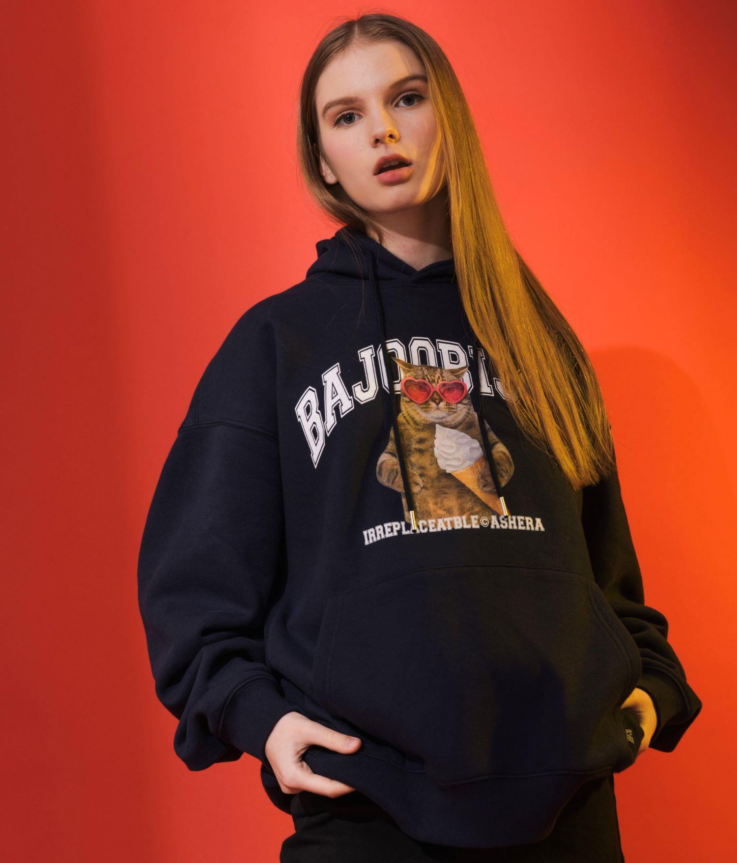 Bajubiju [Non Brushed] Icecream Cat Hoodie [Navy] L