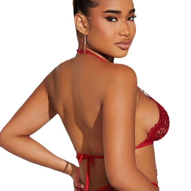 Deep V perspective sexy lace women's three-point seduction sexy backless sexy lingerie