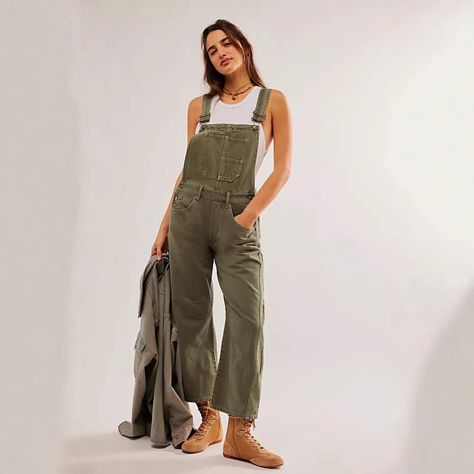 European & American Retro Washed Loose Straight-Leg Denim Overalls