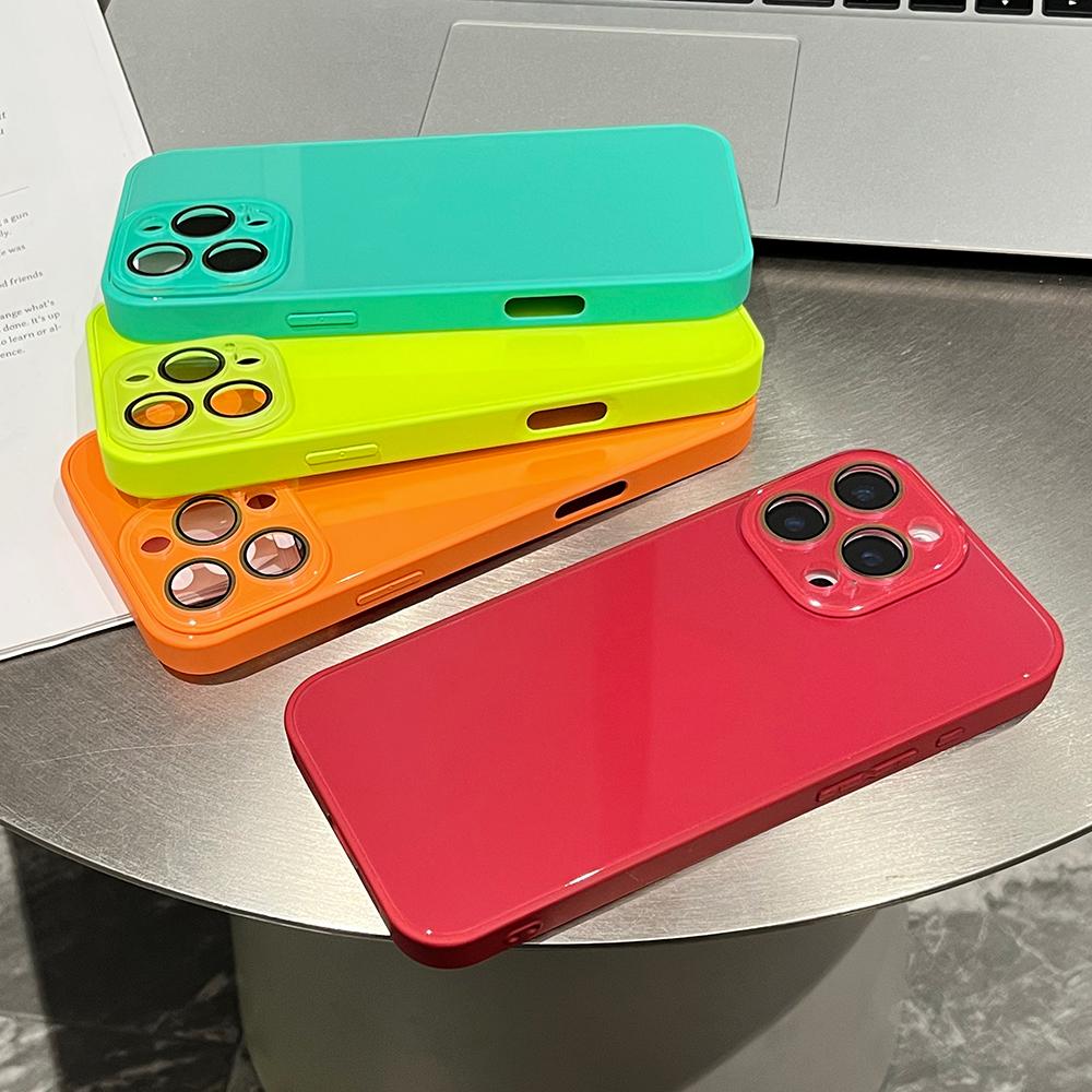 Glossy Solid Color Phone Case For iPhone 17 16 15 14 13 12 11 Pro Max Tempered Hard Glass Back Cover