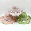 Hand-painted Hollow Woven Western Cowboy Hat Men and Women Summer Outdoor Denim Hat Beach Sunscreen Paper Straw Hat Shell Chain