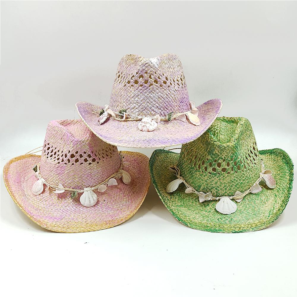 Hand-painted Hollow Woven Western Cowboy Hat Men and Women Summer Outdoor Denim Hat Beach Sunscreen Paper Straw Hat Shell Chain