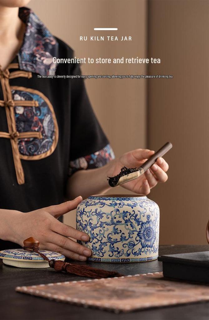 Qinghua Ru Kiln Ceramic Tea Caddy - High-End Moisture-Proof Storage for Green, White, and Pu-erh Tea, Chinese Style Sealed Jar