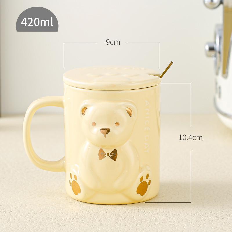Lehký luxusní kreativní reliéfní hrnek s medvídkem s víčkem a lžičkou, velkoobjemový keramický jednoduchý domácí pohár na vodu, dárková krabička