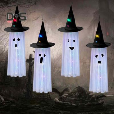 Halloween Ghost-anheng Hengende Ghost-vindsokker med LED-lys Heksehatt Lett å henge Halloween-dekorasjon for gårdsplass innendørs