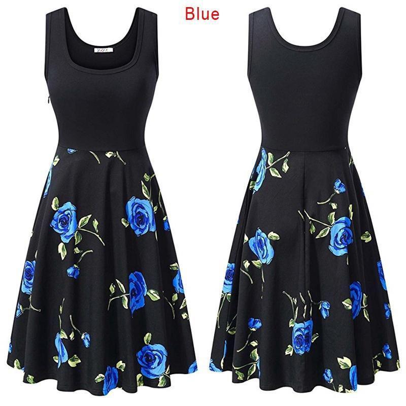 Robe d'été sans manches en coton à imprimé floral rétro pour femme, col rond, style vintage