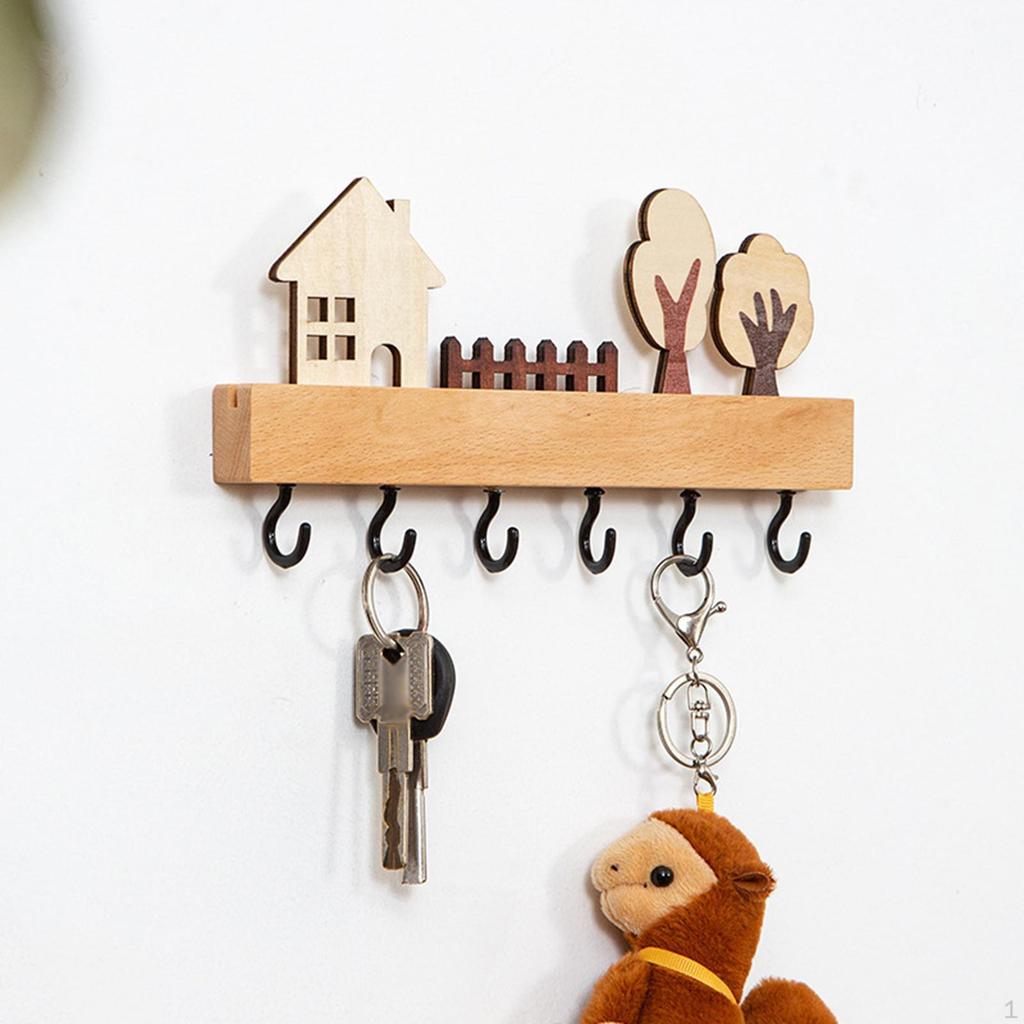 Wooden Key Holder Hat Rack 6 Hooks, Wall Hanging Nordic Rustic Mounted Hanger for Entryway