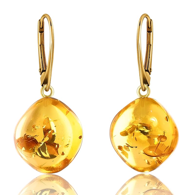 

[Amber by Mazukna] amber earrings Square type amber With exclusive jewelry box Silver925 gold plated hardware Lever back opening/closing type ladies