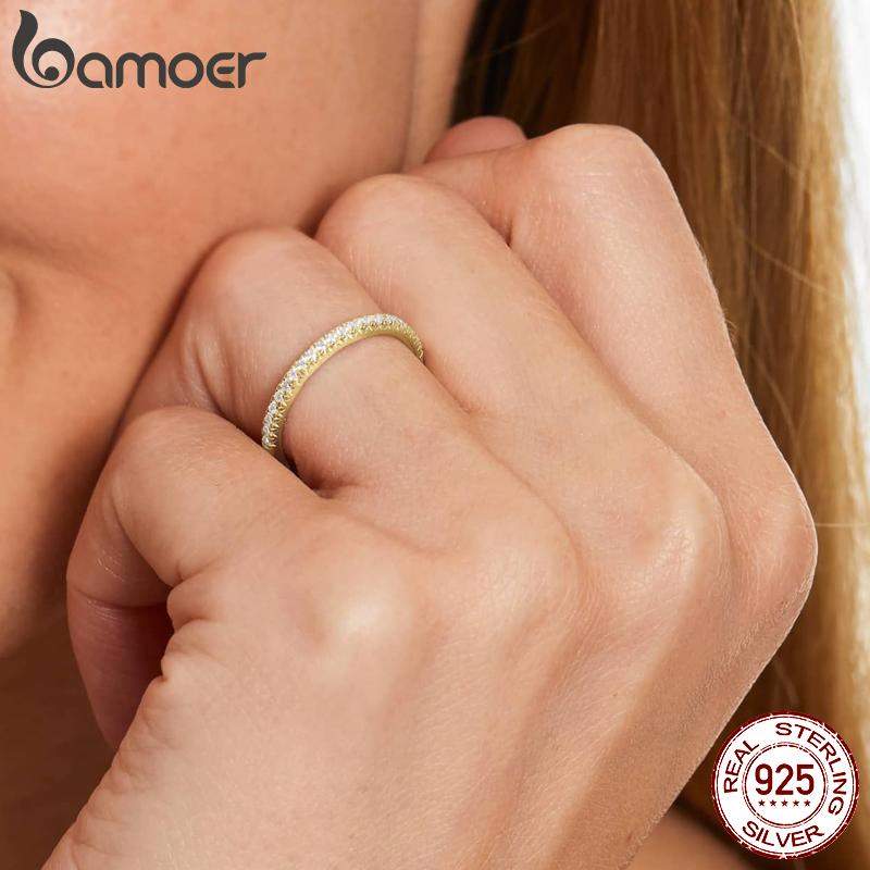 BAMOER Pierścionek Stackable z Białe Złoto Platerowane Litym Srebrem 925 z Symulowanym Diamentem CZ Pierścionki Eternity dla Kobiet