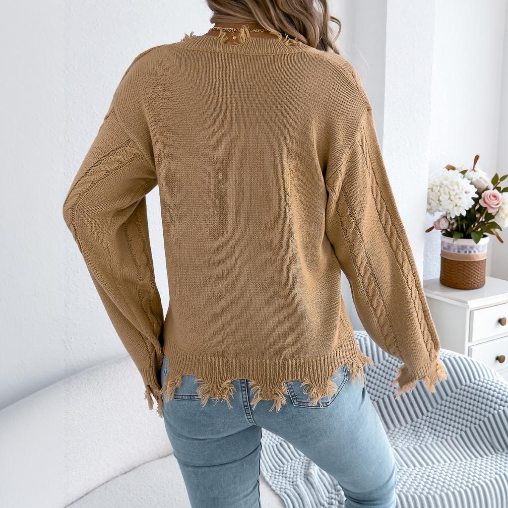 Women's Casual Color V-Neck Cable Knit Long Sleeve Sweater for Everyday Wear