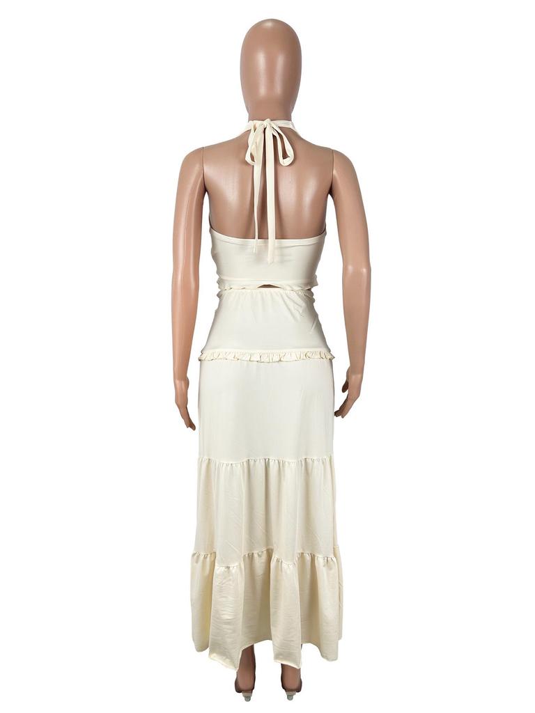 Sexy V-Neck Ruffle Halter Tie Long Dress Two-Piece Set for Women