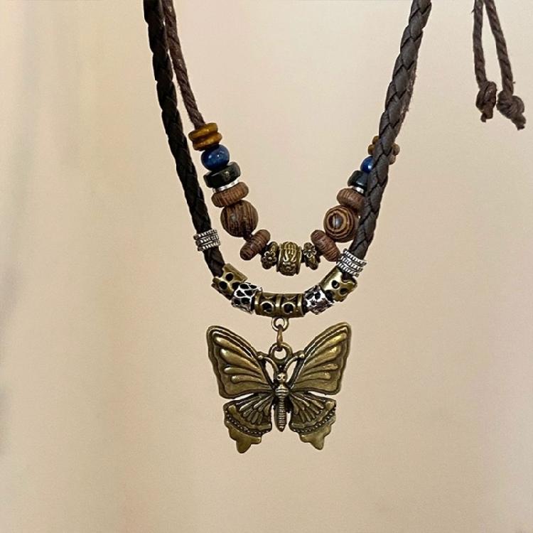 Bohemian Butterfly Pendant Choker Multilayer Pull String Handwoven Necklace Adjustable Length Clavicle Chain Jewelry