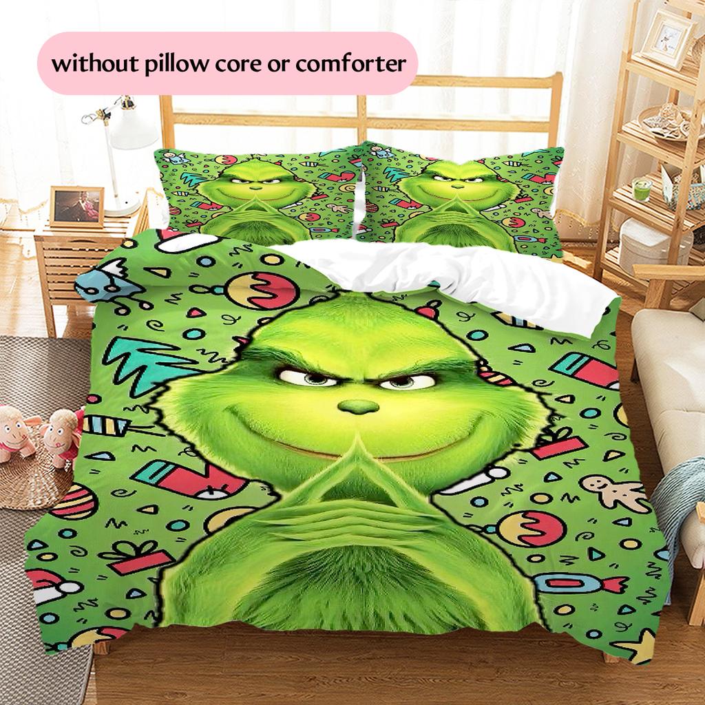 1 Stück Grinch-Muster Bettwäsche Steppdecke Set Bettbezug Kissenbezug Heimdekoration Geburtstagsgeschenk (1 Bettbezug + 2 Kissenbezüge, ohne Füllung)