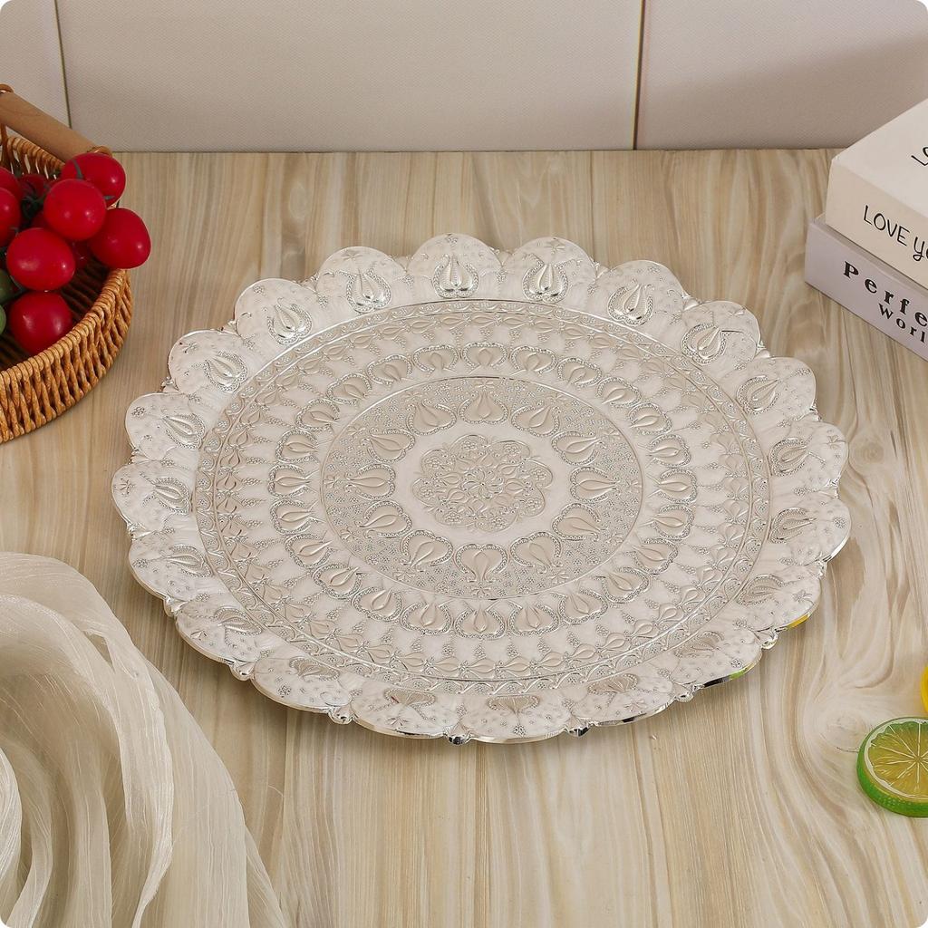 Gold Round Tray European Design Round Serving Tray Ornate Fruit Plate High-Luster Finish Table Decor Antique Look for Party