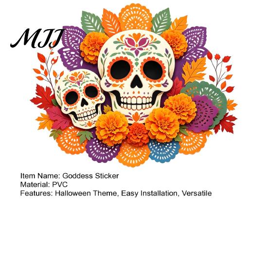 Decorative Holiday Gifts Day of The Dead Window Static Sticker, Flower Skull PVC Authentic Festival Accents Decals, Waterproof Halloween Glass