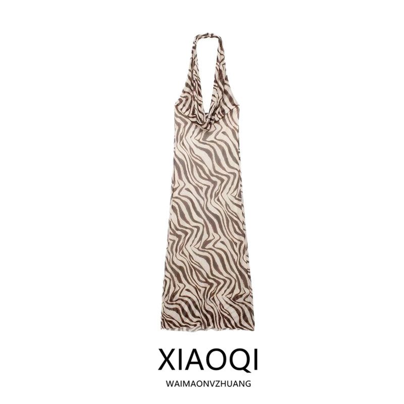 Fashion Style 2024 Amoi Women's Linen Blend Animal Pattern Print Mid Length Long Length Midi Skirt Dress 8088032