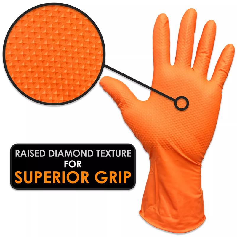 8Mil Heavy Duty Orange Nitrile Gloves Disposable Anti-Slip Gardening Gloves with Diamond Textured Grip Working Cleaning Gloves