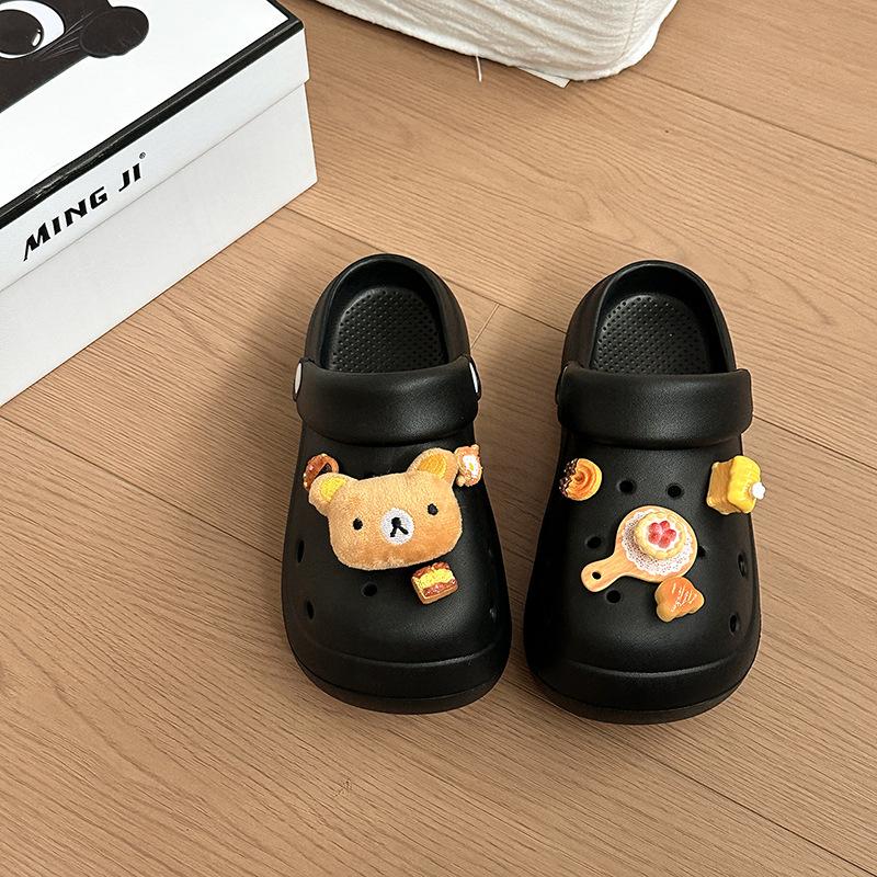 Fashion cute cartoon bear biscuits two wearing hole shoes women's summer new thick-soled heightening breathable slippers