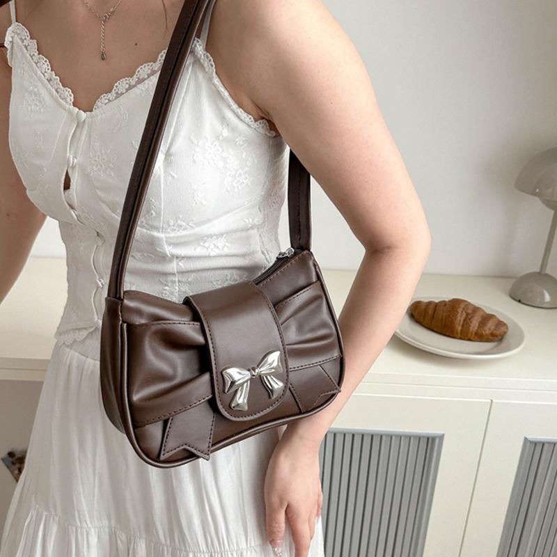 A Stylish And Versatile PU Leather Shoulder Bag for Women Cute Bow Decor Solid Color Underarm Bag Perfect for Both Casual And Chic Looks. AVE
