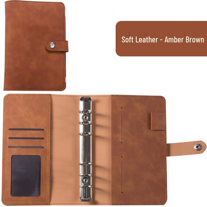 A6 Macaroon Leather Notebook Binder with 12 Refillable Zipper Pockets for Bills and Coins